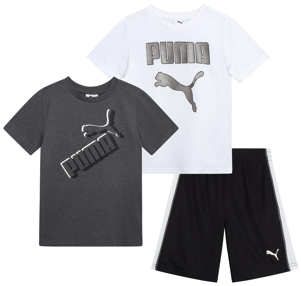 PUMA Boys' Short Set - 3 Piece Short Sleeve Graphic T-Shirts and Active Shorts Outfit Set for Boys (Sizes: 2T-7), Size 4, White/