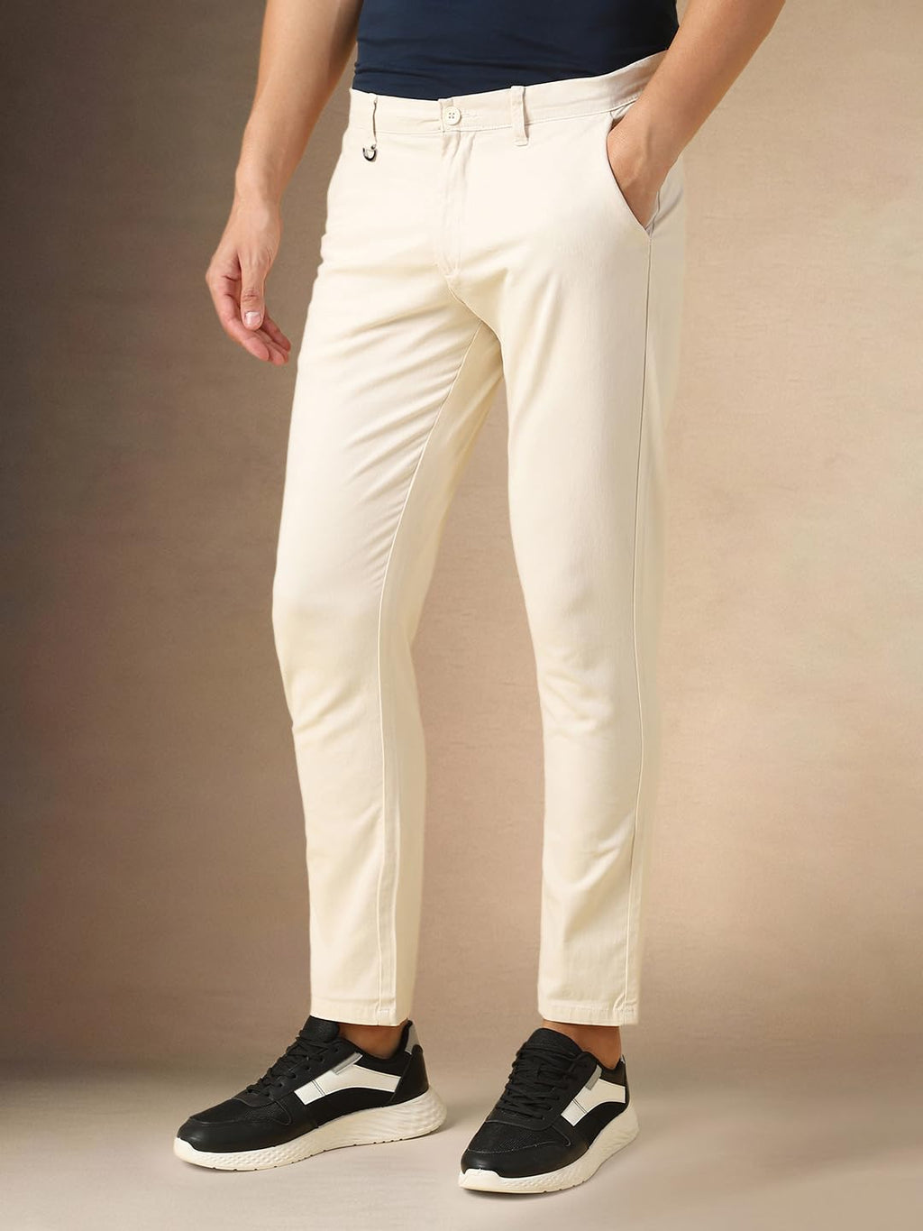 Dennis Lingo Mens Cream Solid Cotton Straight Fit Chinos