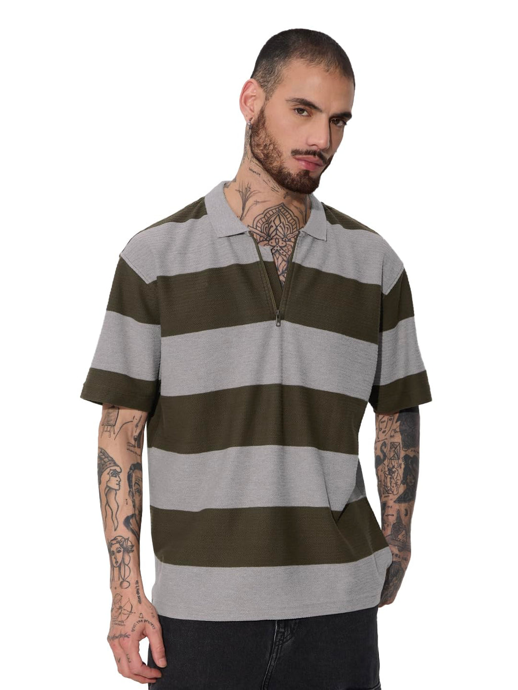The Souled Store Jacquard Polo: Olive Men and Boys Short Sleeve Collared Neck Cotton Oversized Polos