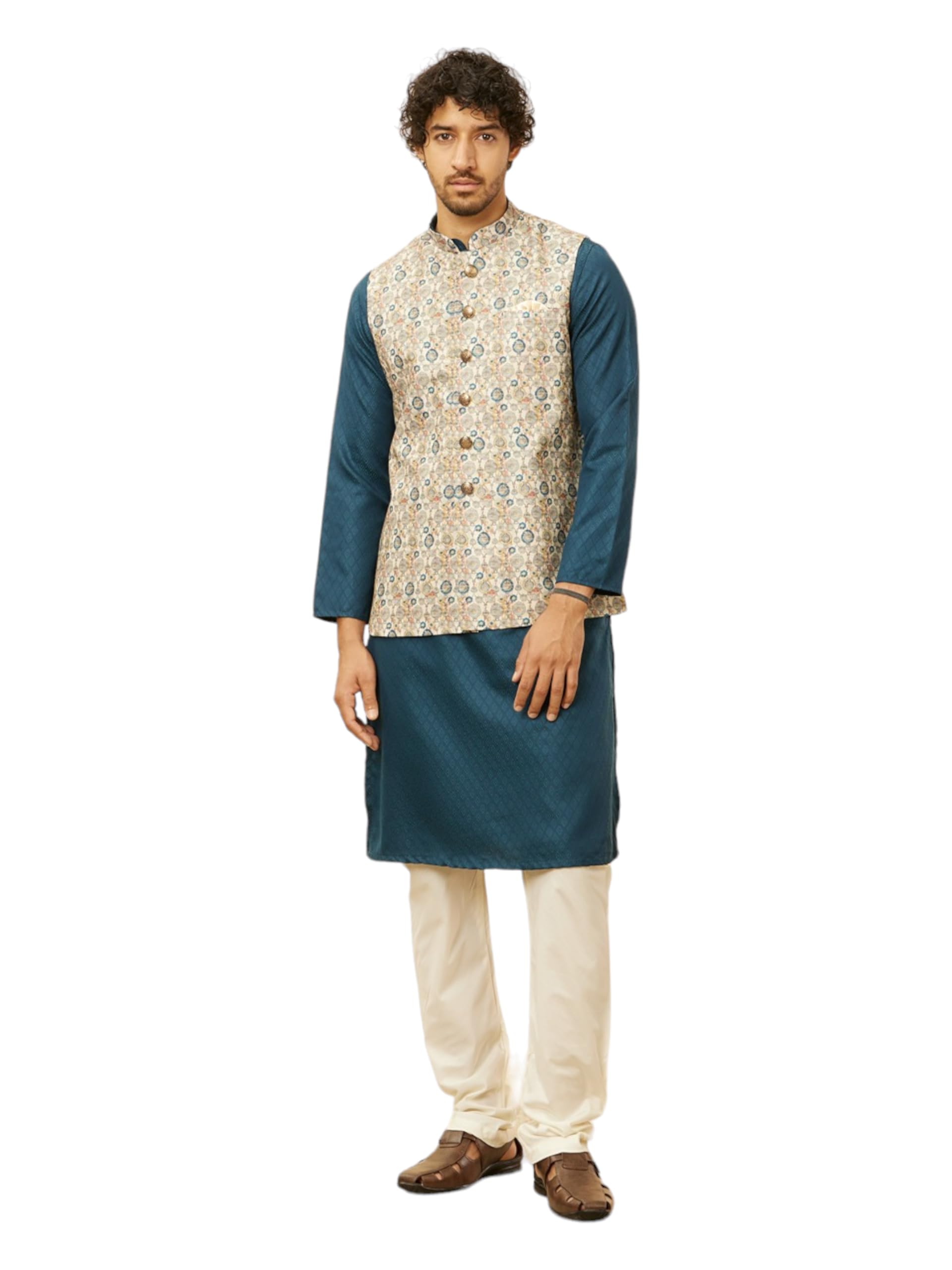 Manyavar Mens Beige Blended Cotton Self Design Jackets