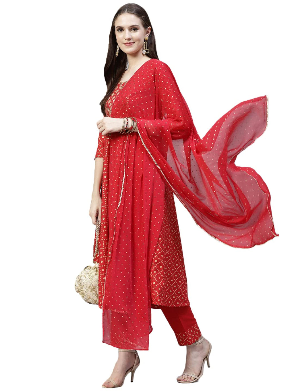 Gosriki Women'S Cotton Blend Printed Straight Kurta With Pant & Dupatta (Karwa Red_Xl-Gs_Red_X-Large)