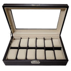TIMELYBUYS 12 Piece Chocolate Brown Leatherette Men's Watch Box Display Case Collection Jewelry Box Storage Glass Top Father's D