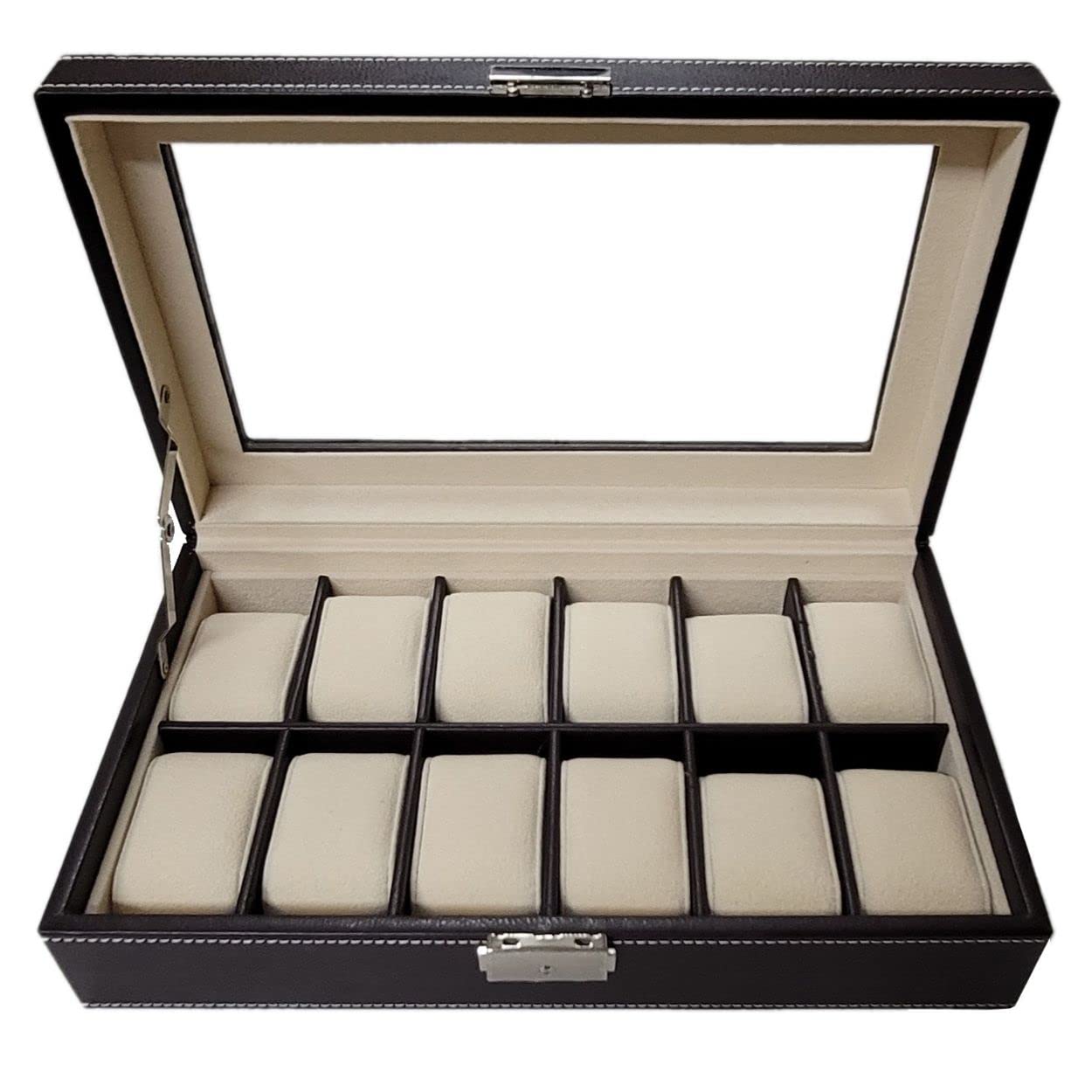 TIMELYBUYS 12 Piece Chocolate Brown Leatherette Men's Watch Box Display Case Collection Jewelry Box Storage Glass Top Father's D