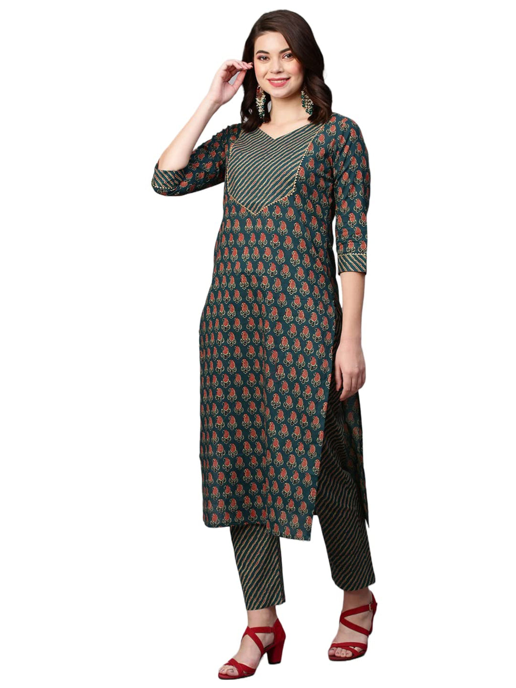 ANNI DESIGNER Women's Cotton Blend Printed Straight Kurta with Pant (Grape Green-Nw01_S_Green_Small)