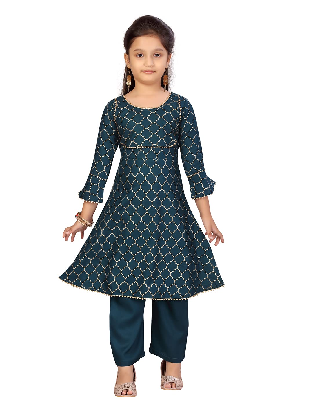 Aarika Girls A-Line Regular Fit Cotton Kurta And Pallazo Set(Pl-K-116-Green-24)