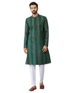 See Designs MenS Long Sleeve Mandarin Collar Side Slit Green Embroidered Thread Work Sequinned Chanderi Silk Straight Kurta - S