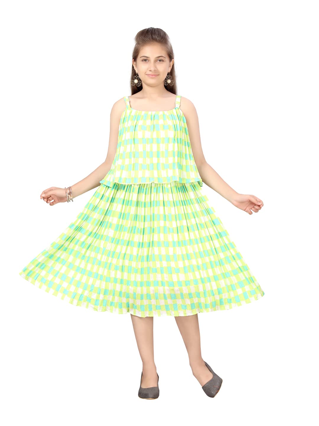 Aarika Girls Georgette Skater Knee-Length Dress (MD-22507_Green_34)