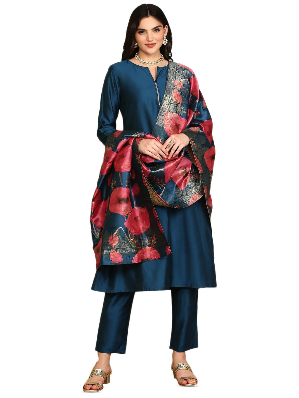 Ishin Navy Blue Notched Neck A-Line Kurta With Trousers & Dupatta | Kurta Set For Women | Kurta With Trousers And Dupatta