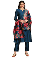 Ishin Navy Blue Notched Neck A-Line Kurta With Trousers & Dupatta | Kurta Set For Women | Kurta With Trousers And Dupatta