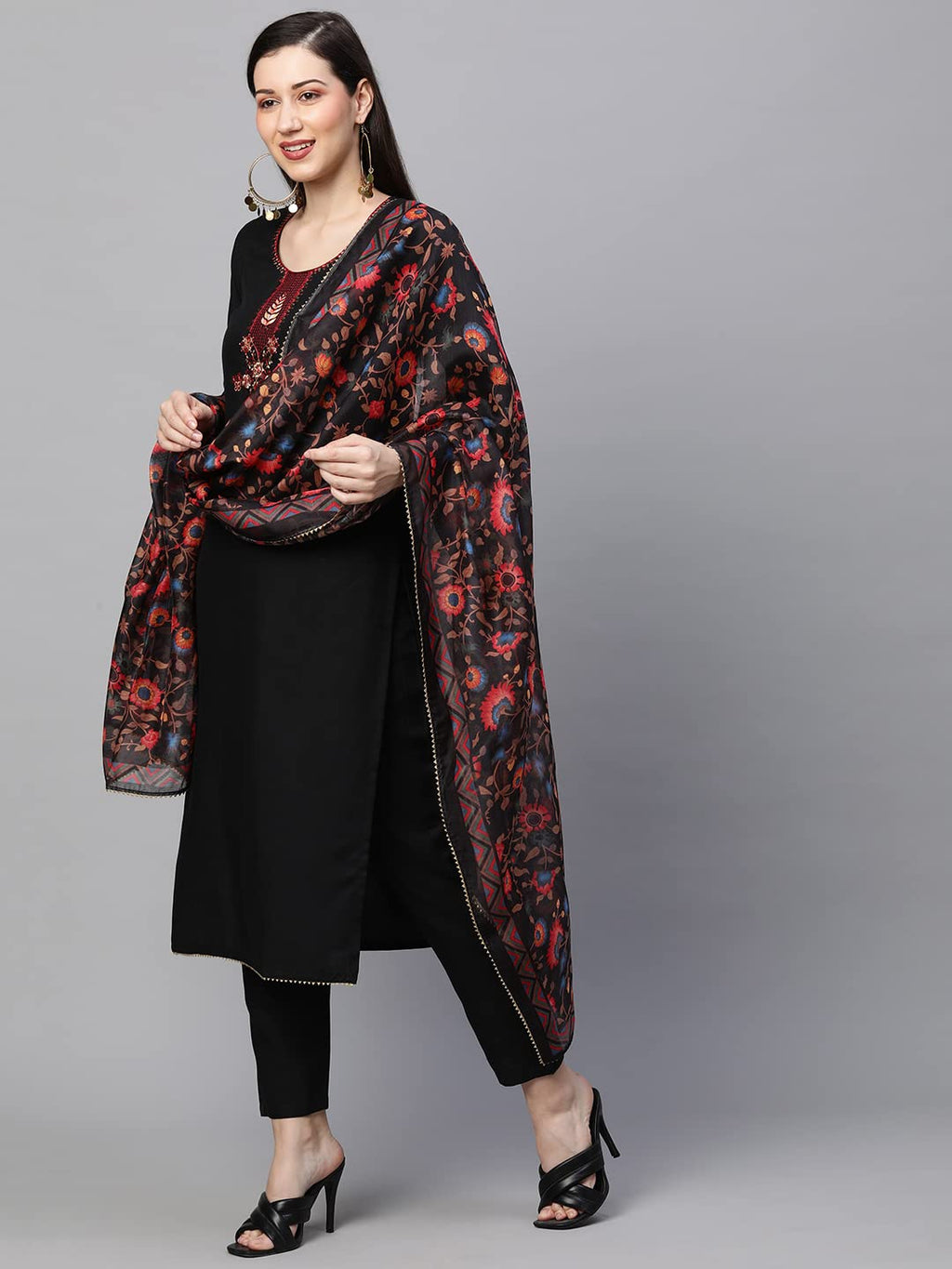 ANNI DESIGNER Womens Cotton Blend Solid Straight Kurta with Pant & Dupatta (Authentic-Black_XXL_Black_XX-Large)
