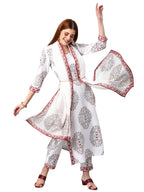 Gosriki Women'S Cotton Blend Floral Printed Straight Kurta With Pants & Dupatta (Cup-Off White-Nw-Gs_S_White_Small)