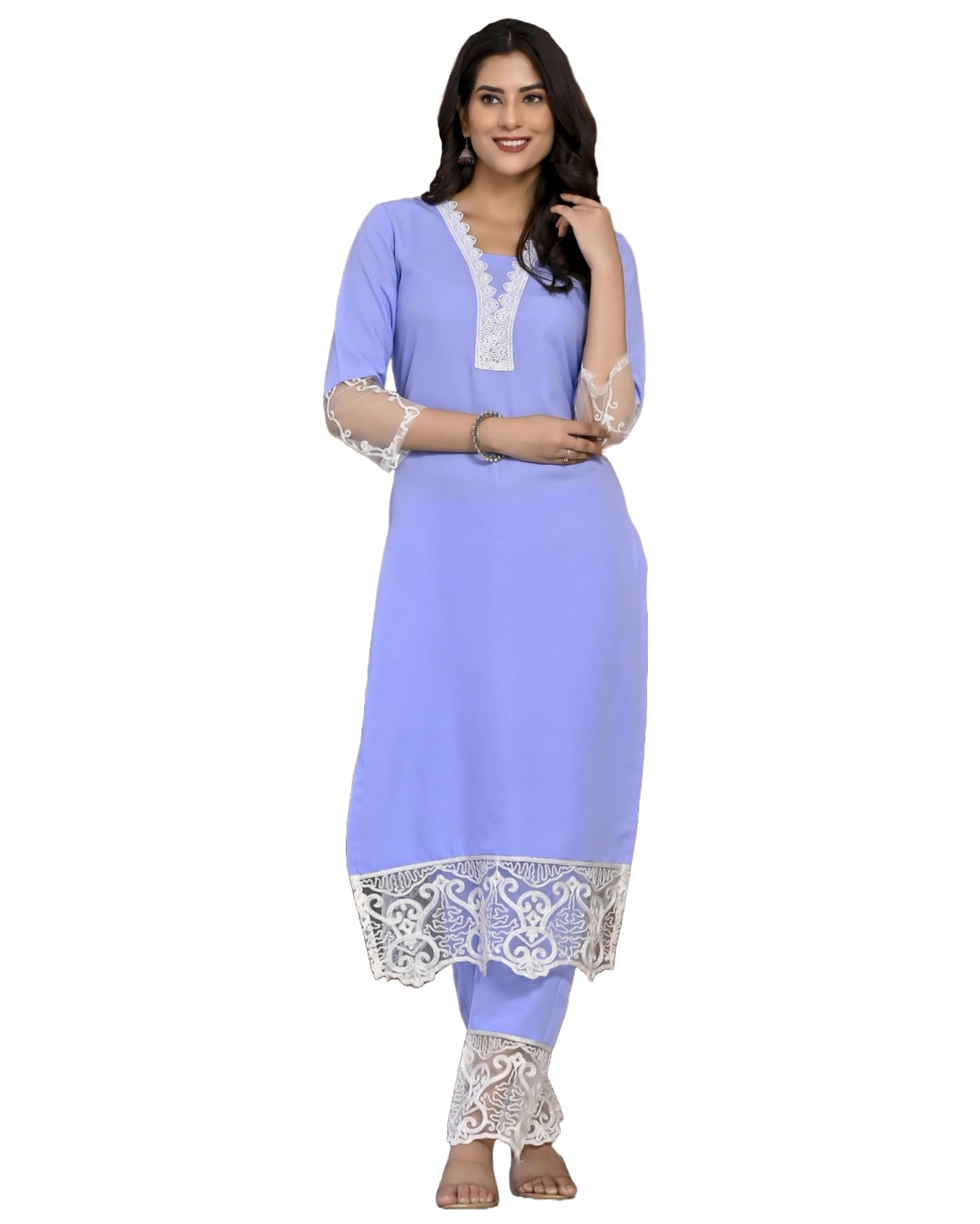 ANNI DESIGNER Ladies Cotton Blend Kurta with Trousers, azure, M