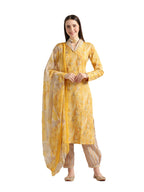 Leriya Fashion Womens Cotton Blend Multi Floral Foil Printed Ethnic Straight Shawl Collar Kurta & Patiyala Style Pant with Dupa