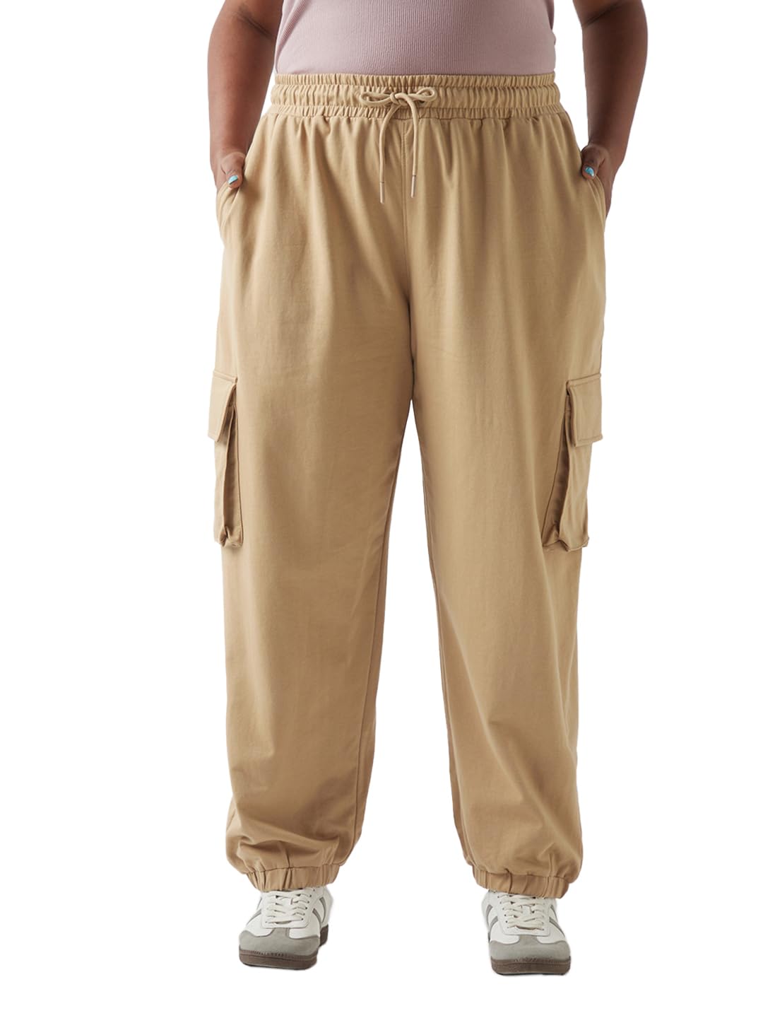 Bewakoof Air 1.0 Women Solid Super Loose Fit Terry Plus Size Cargo Joggers_646957_Brown_3XL