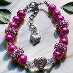 DOLON Dark Pink Glass Pearl Color Rhinestone Granddaugther Charm Bracelet Jewelry Wedding Bridal Birthday Christmas