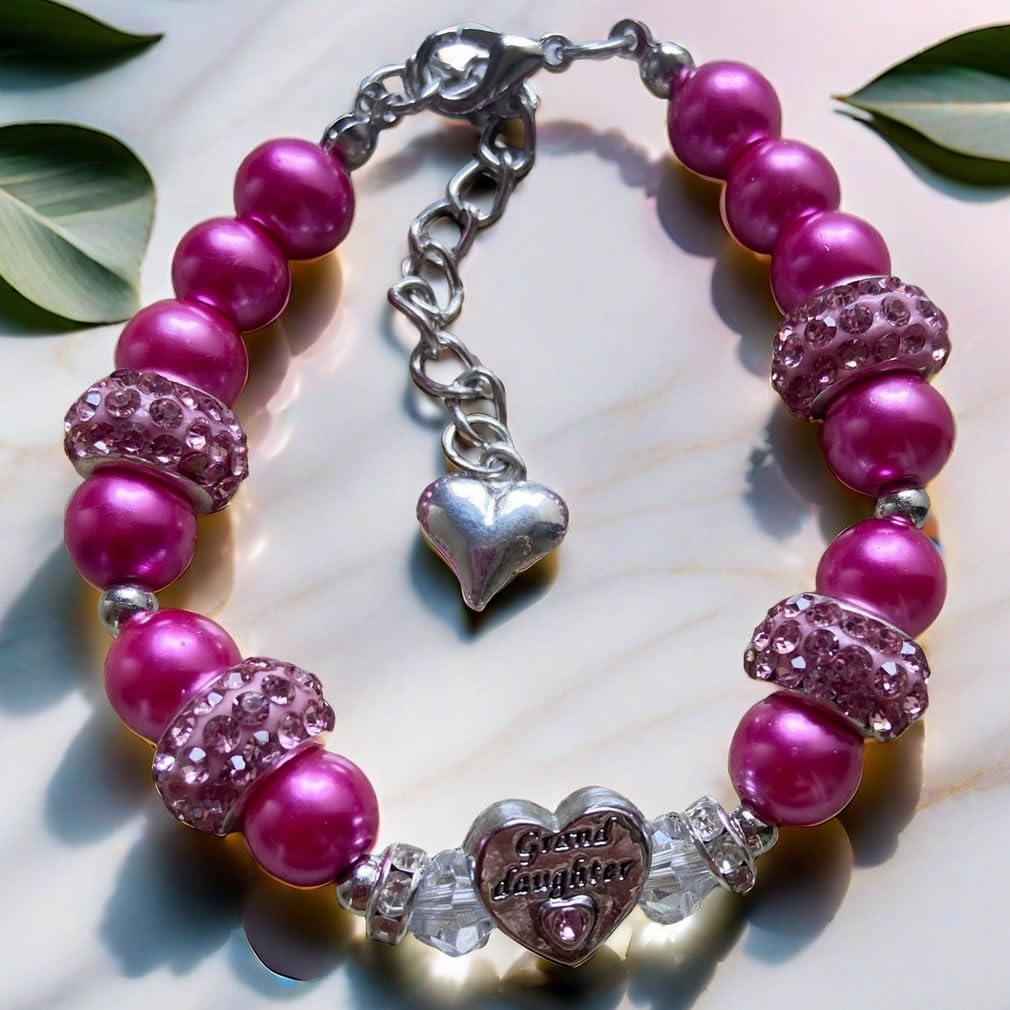 DOLON Dark Pink Glass Pearl Color Rhinestone Granddaugther Charm Bracelet Jewelry Wedding Bridal Birthday Christmas