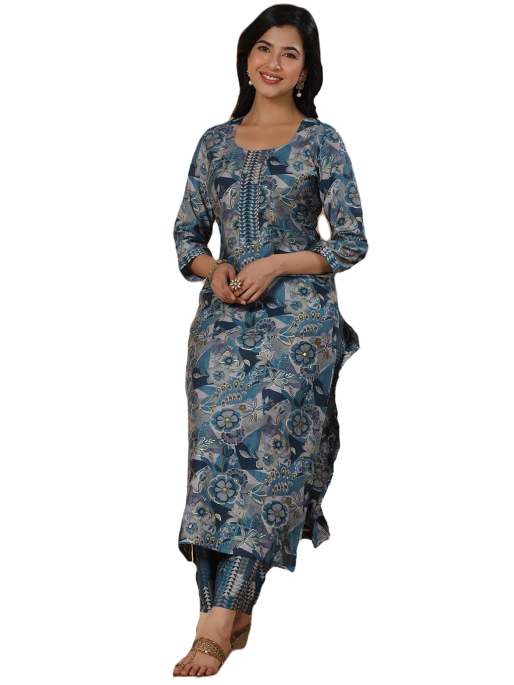 ANNI DESIGNER Womens Rayon Blend Straight Printed Kurta with Palazzo (Kanjirang Blue_M_Blue_Medium)