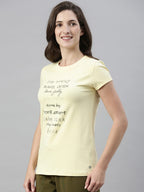 Enamor Essentials Womens Short Sleeve Crew Neck Slim Fit Breathable Stretch Cotton Tee With Graphic - E147(E147-Lemon Cream / B