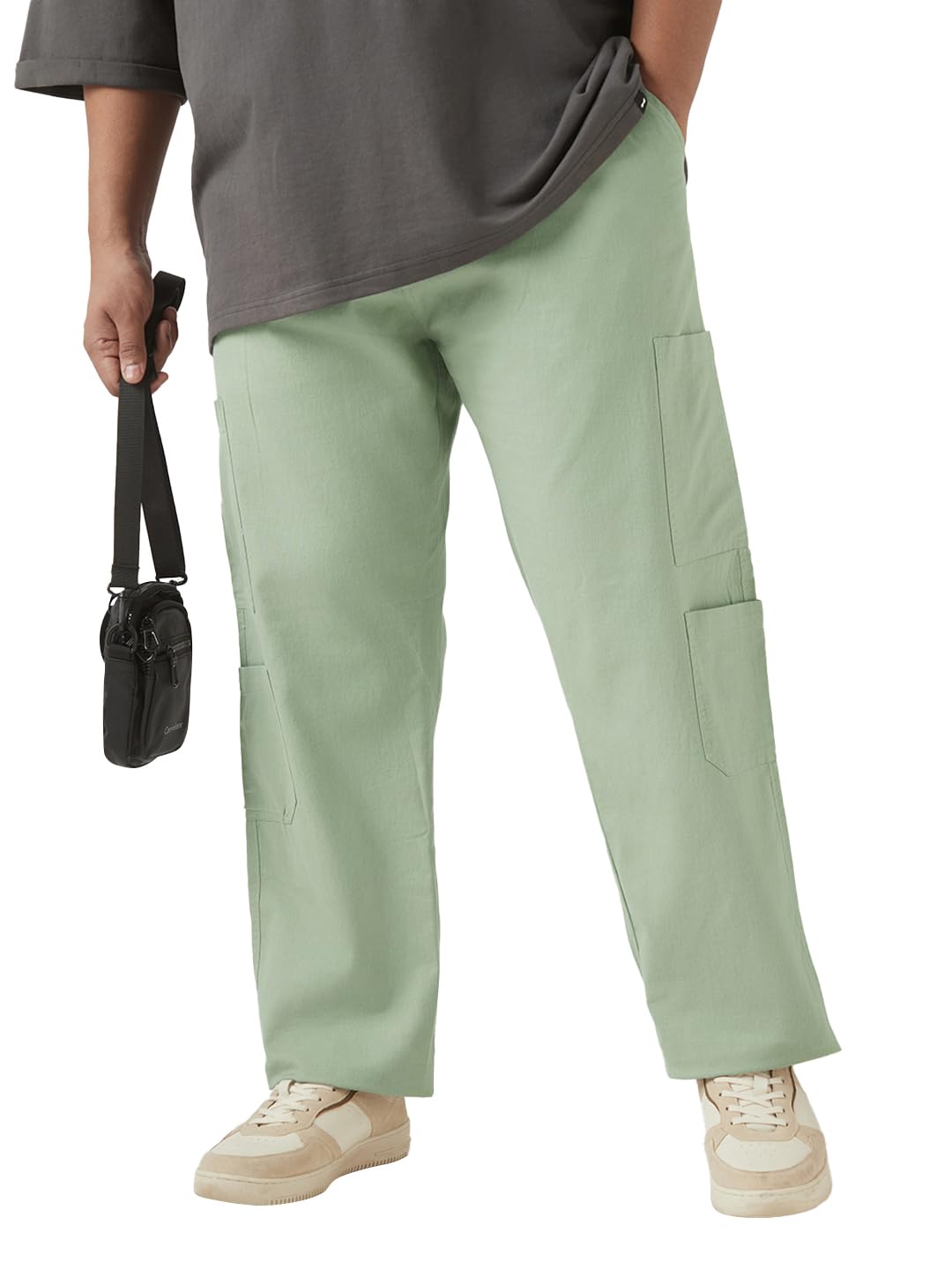 Bewakoof Mens Solid Regular Fit Cotton Linen Plus Size Cargo Pants_628741_Green_42