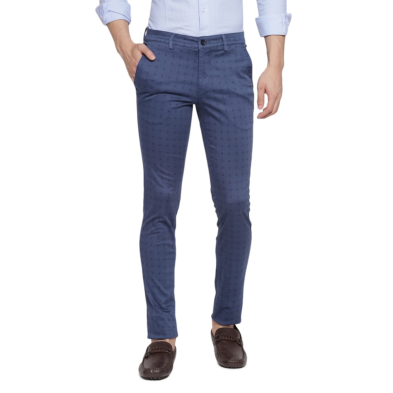 Turtle Men Blue Narrow Fit Checked Casual Trousers