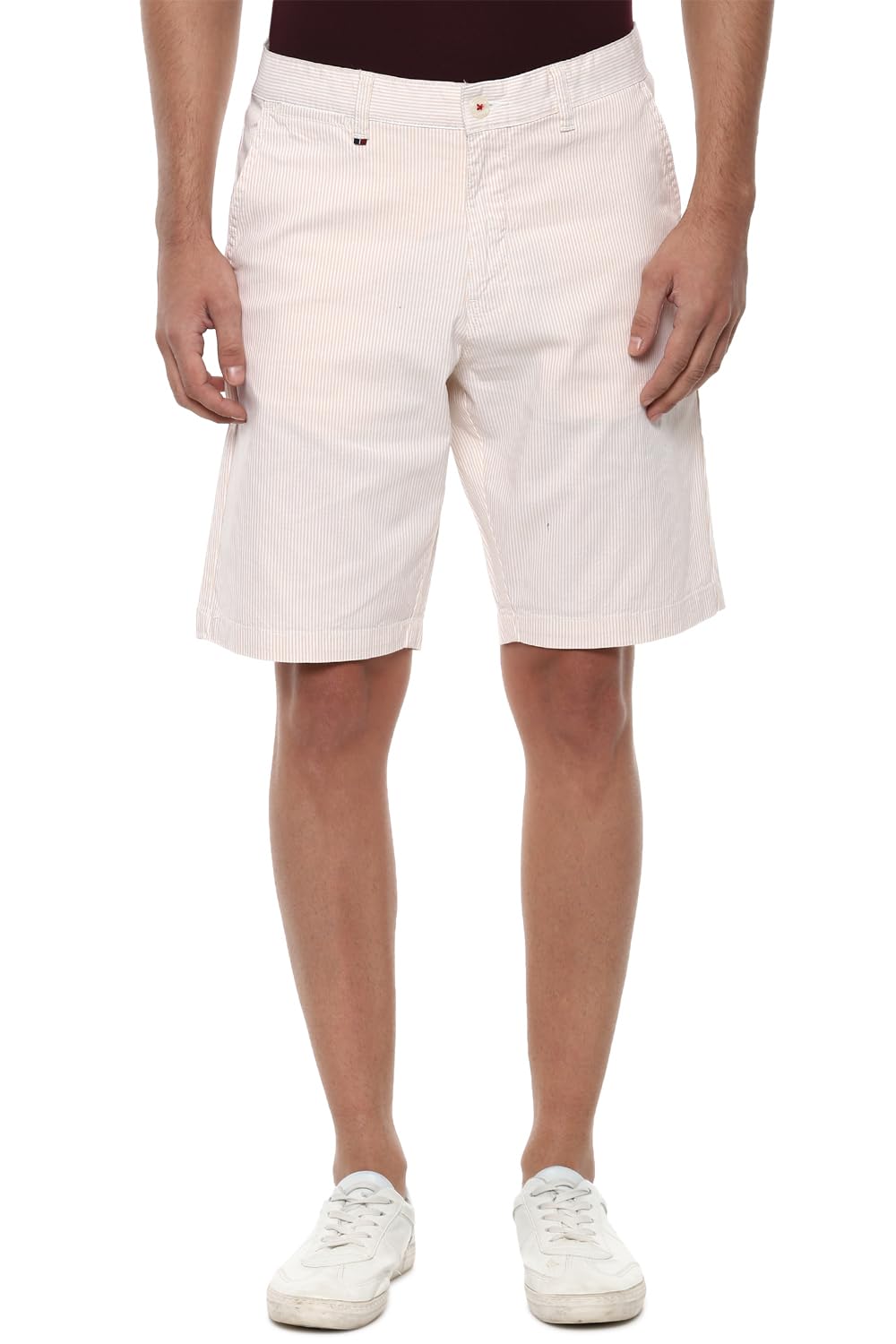 Louis Philippe Men Cream Stripe Slim Fit Shorts