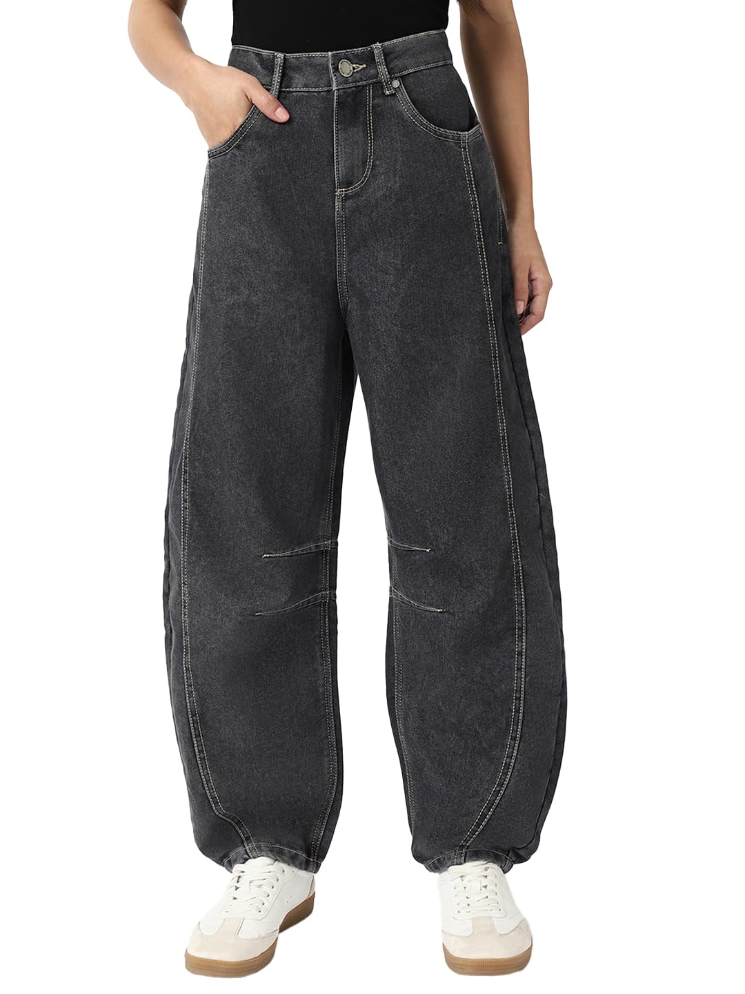 Bewakoof Womens Washed Banana Fit Pure Cotton Jeans_671024_Black_26
