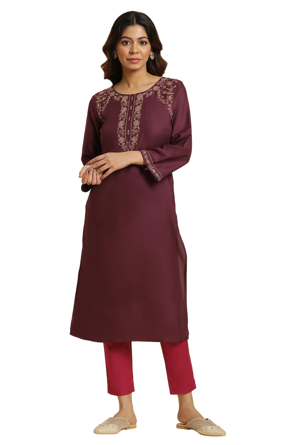 W Purple Floral Printed Regular Zari Kurta For Women