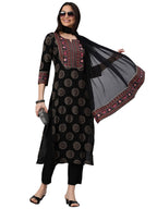 ANNI DESIGNER Womens Cotton Blend Printed Straight Kurta with Pant & Dupatta (NOV-Black_S_Black_Small)