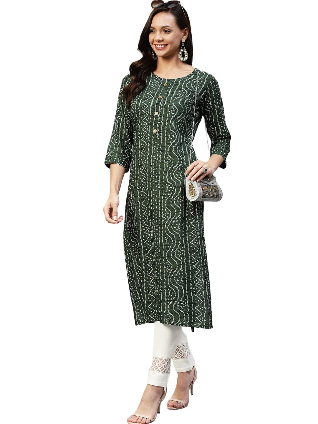 ANNI DESIGNER Womens Cotton Blend Straight Printed Kurta (Bandhani AMD Green_M_Green_Medium)