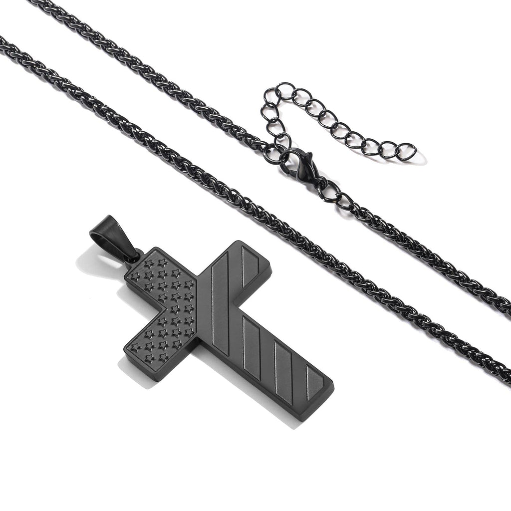 DuoDiner Black Cross Necklace for Men Boys Pendant Chain American Flag Joshua 1:9 Baptism Religious Christian First Communion Co