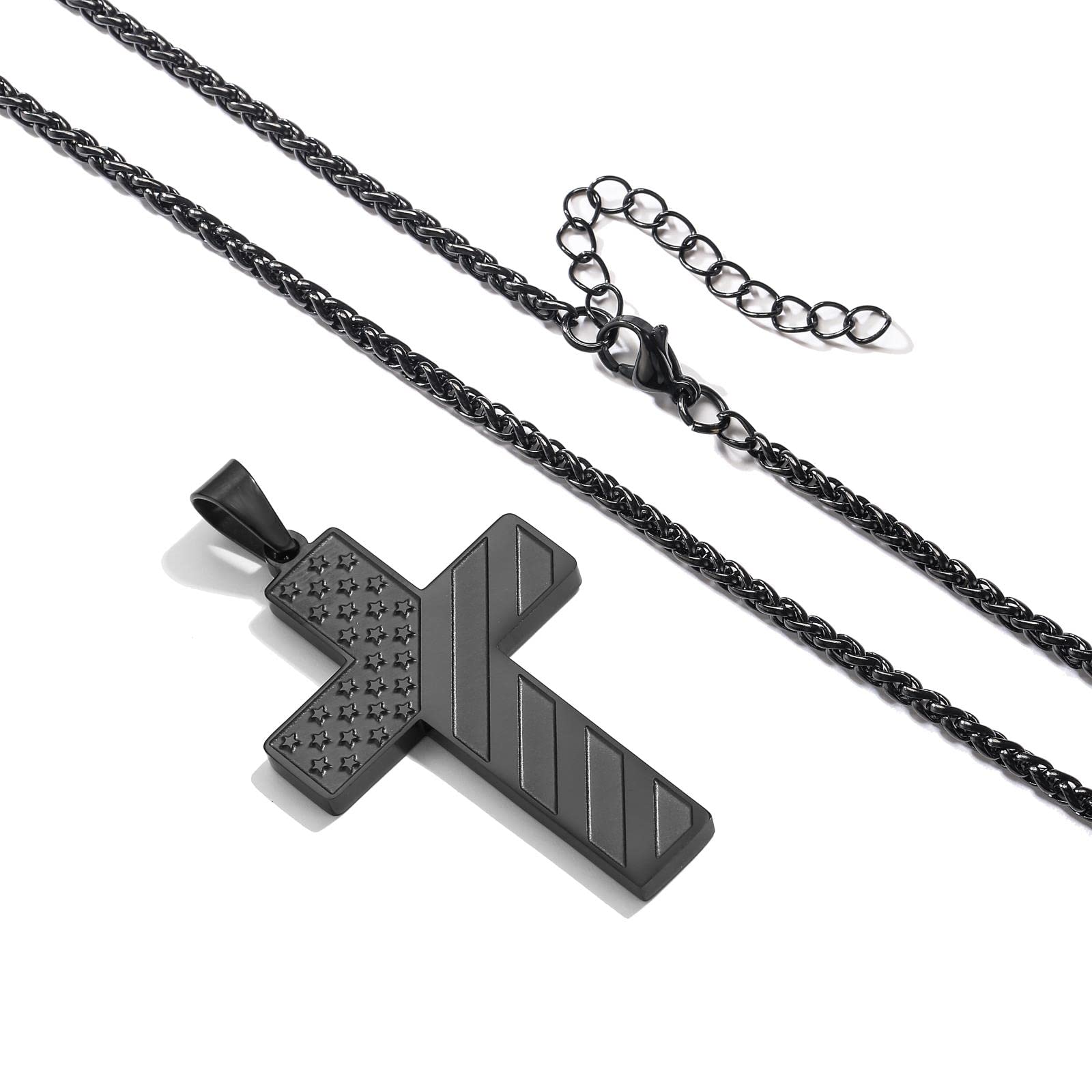 DuoDiner Black Cross Necklace for Men Boys Pendant Chain American Flag Joshua 1:9 Baptism Religious Christian First Communion Co
