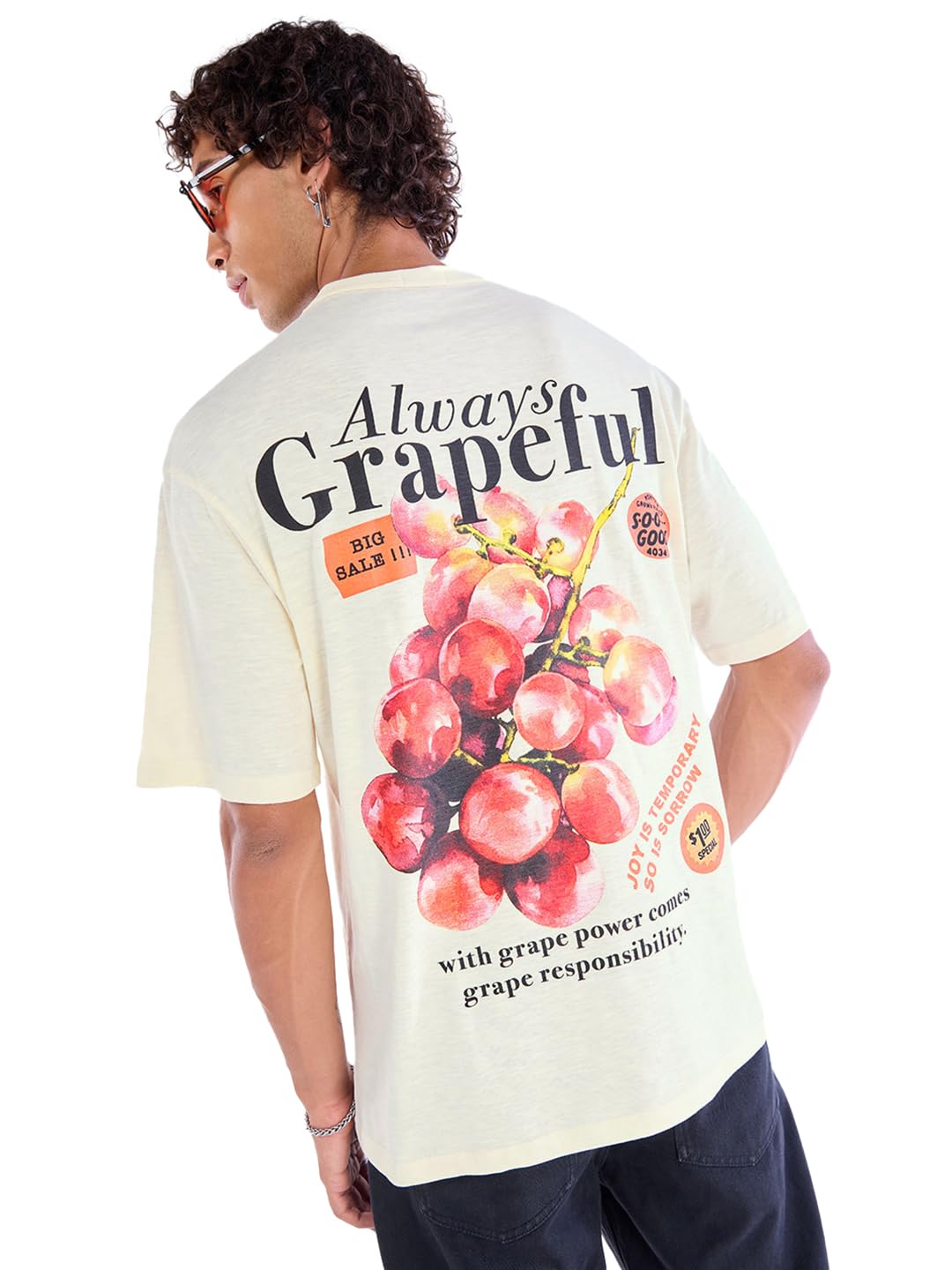 Bewakoof Air 1.0 Original Mens Graphic Print Oversized Fit Half Sleeve Round Neck Cotton Slub T-Shirt_645946_Beige_S