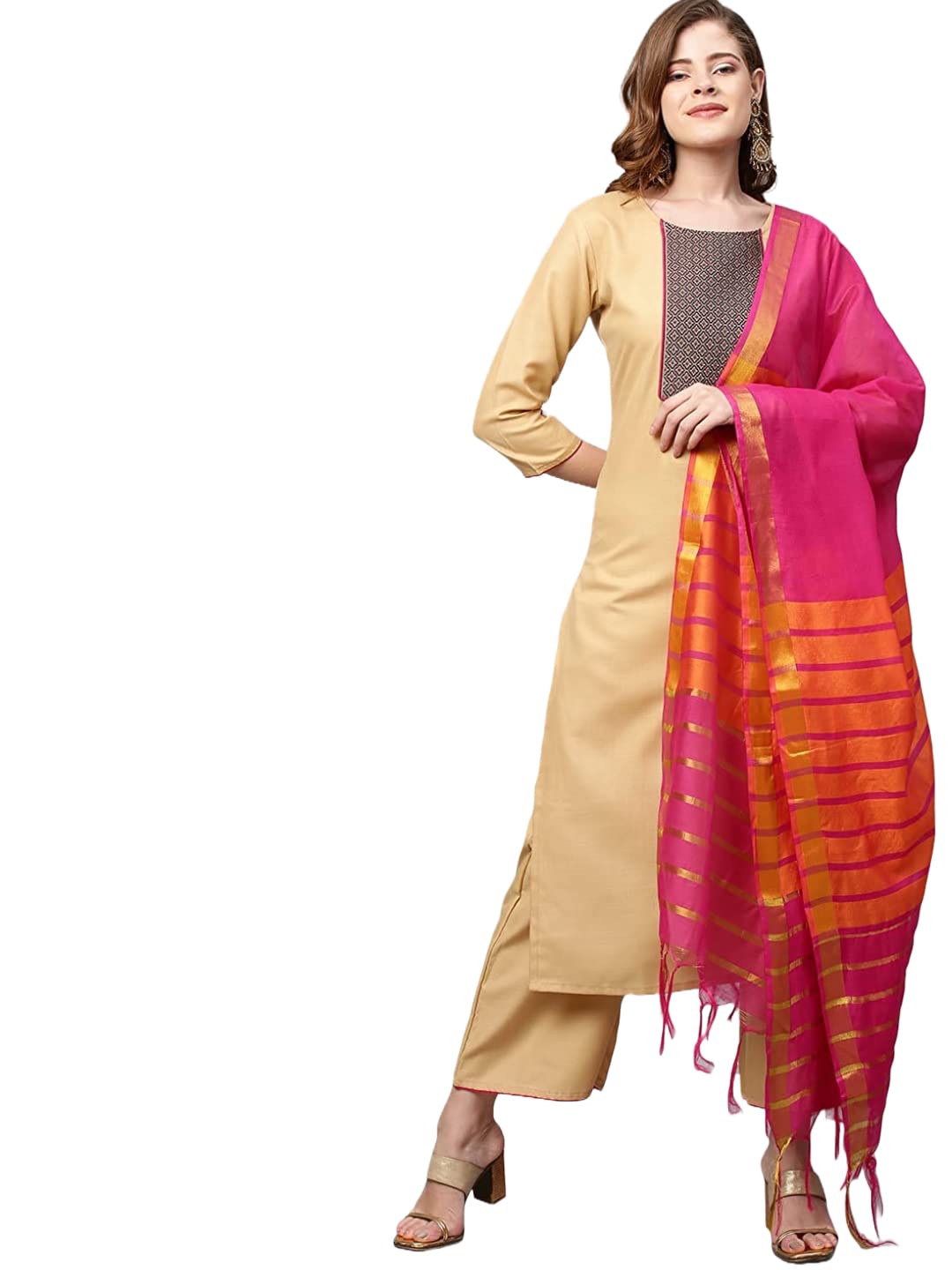 Anni Designer WomenS Cotton Blend Straight Solid Kurta With Palazzo & Dupatta (Gyana Beige_Xxl_Beige_Xx-Large)