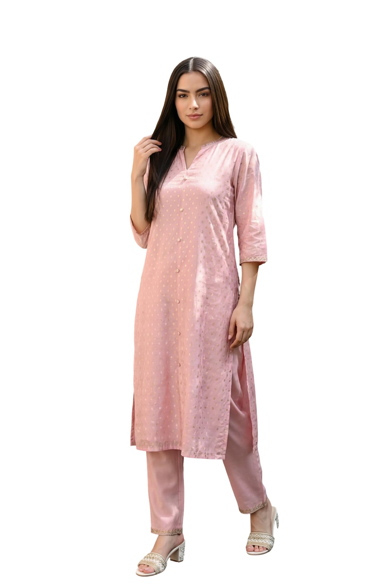 Aurelia Womens Pink Yarn Dyed Foil Printed Polka Dots Chanderi Straight Kurta with Trouser Set - (AS16603-706013-XXL)