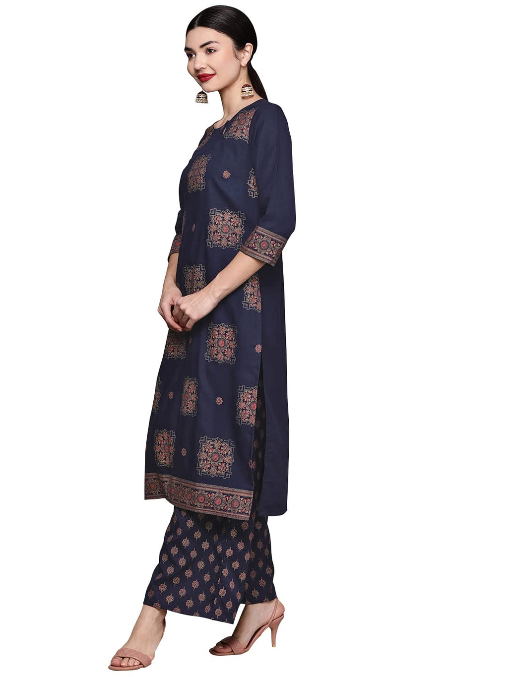 Ziyaa Women'S Navy Blue Rayon Straight Kurta And Palazzo Set(Zikury3718Andpl)