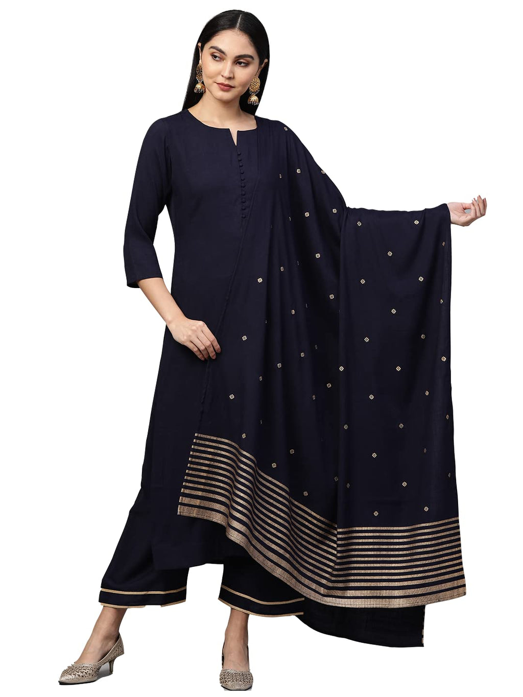 ANNI DESIGNER Women's Cotton Straight Kurta with Palazzo & Dupatta (EKAA Navy Blue_XL_Navy Blue_X-Large)