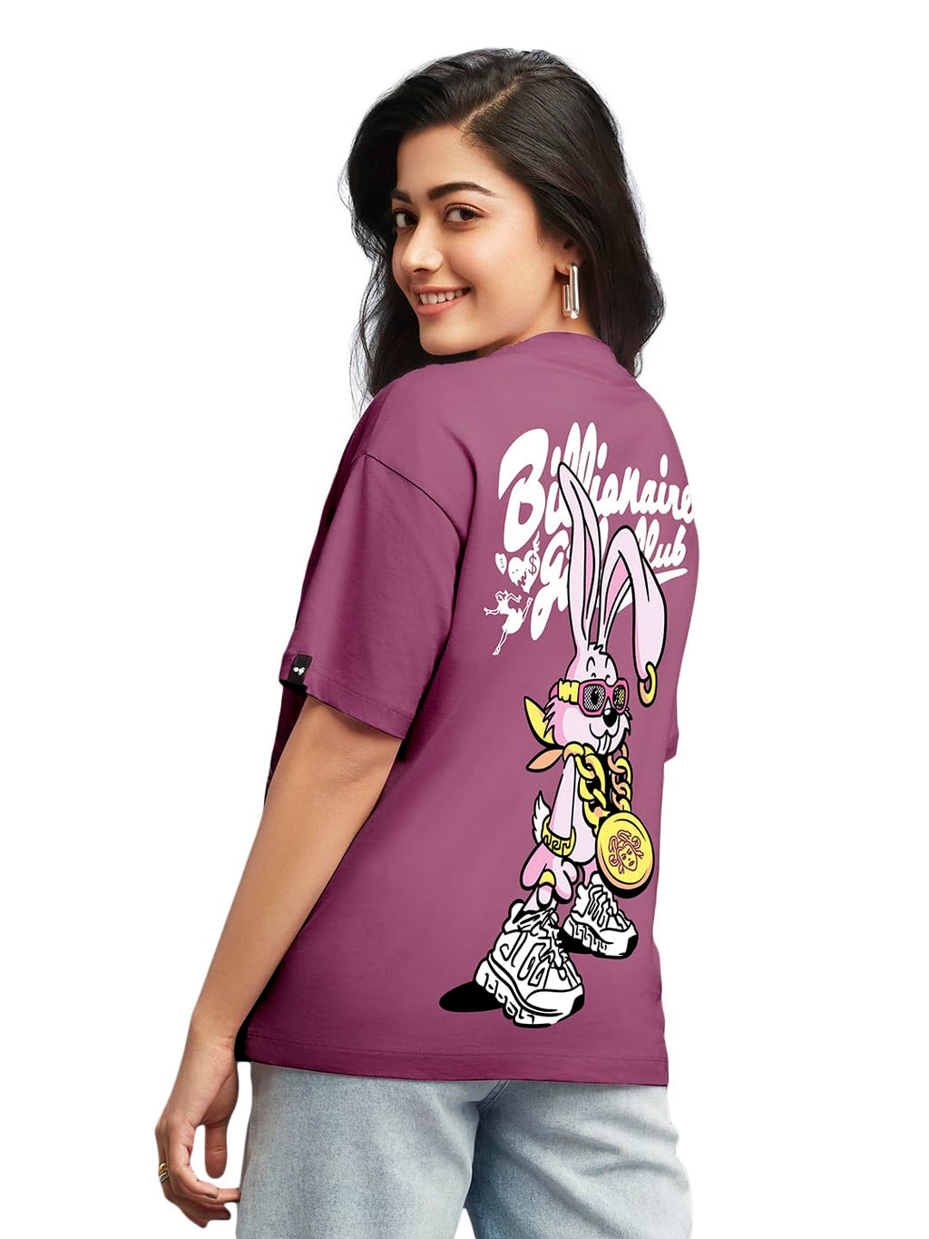 Bewakoof Womens Billionaire Girls Graphic Printed 100% Cotton T-Shirt - Oversized Fit, Round Neck, Half Sleeves_605543_Purple_X