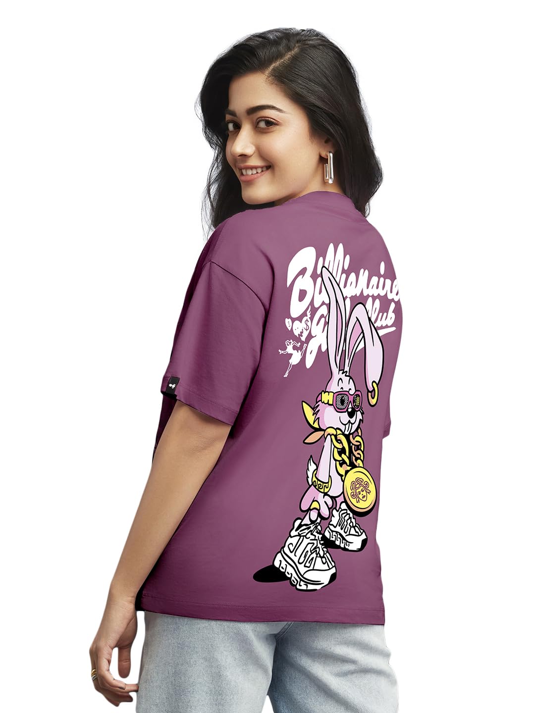 Bewakoof Womens Billionaire Girls Graphic Printed 100% Cotton T-Shirt - Oversized Fit, Round Neck, Half Sleeves_605543_Purple_S