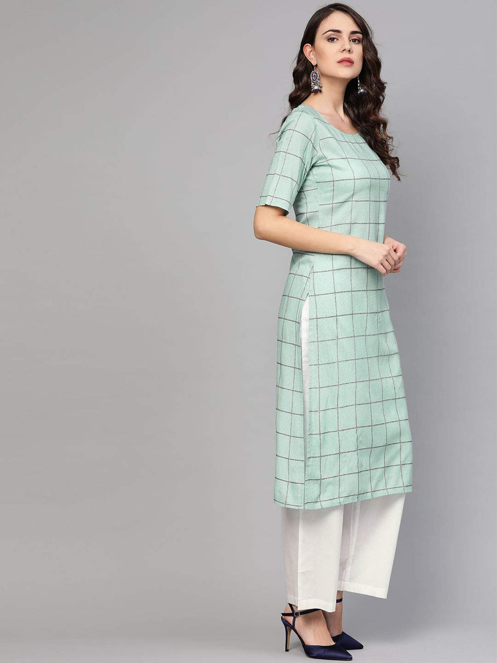 Idalia Women'S Checkered Print Teal Rayon Kurta With White Palazzo Pants