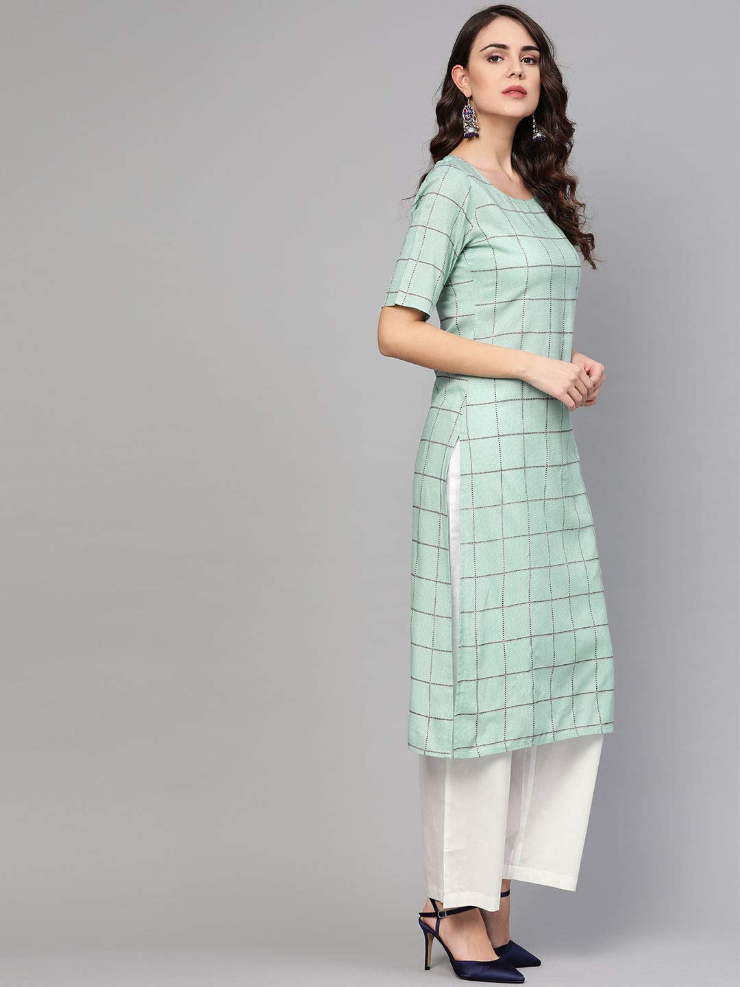 Idalia Women'S Checkered Print Teal Rayon Kurta With White Palazzo Pants