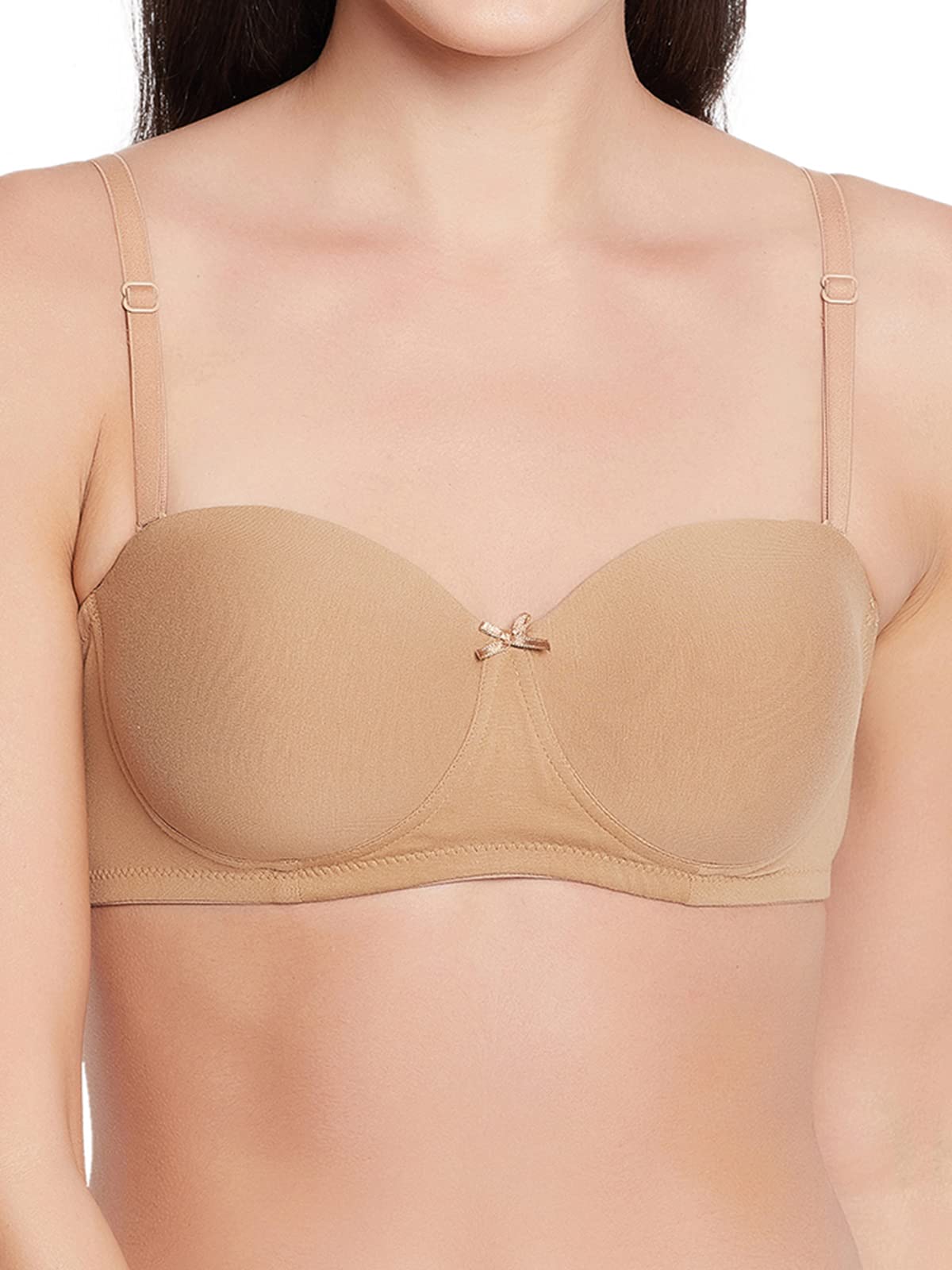 Clovia Womens Cotton Padded Non-Wired Demi Cup Strapless Balconette Bra (BR2217P24_Beige_36D)