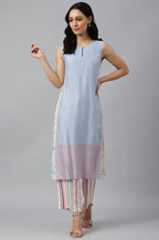 W For Woman Blue Color Block Rayon Blend Regular Kurta