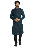 Manyavar Jacquard Print Knee Long Full Sleeves Kurta And Churidar Set For Men - (Blue, X-Large)