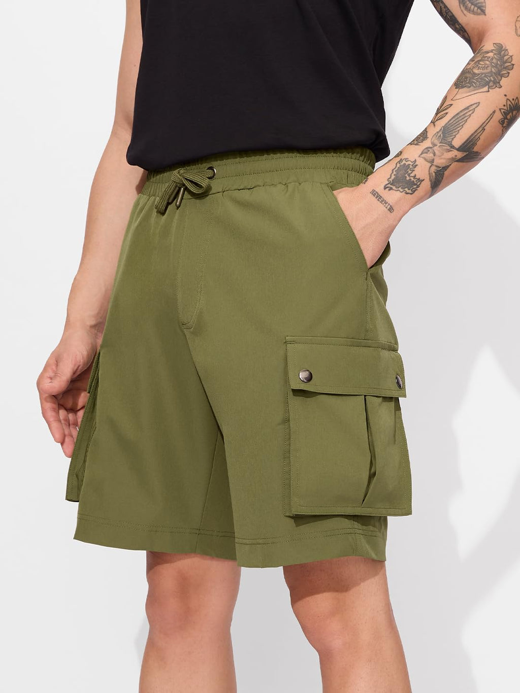 The Souled Store Solids: Military Olive Men and Boys Drawstringed Knee Length Polyester Cargo Shorts