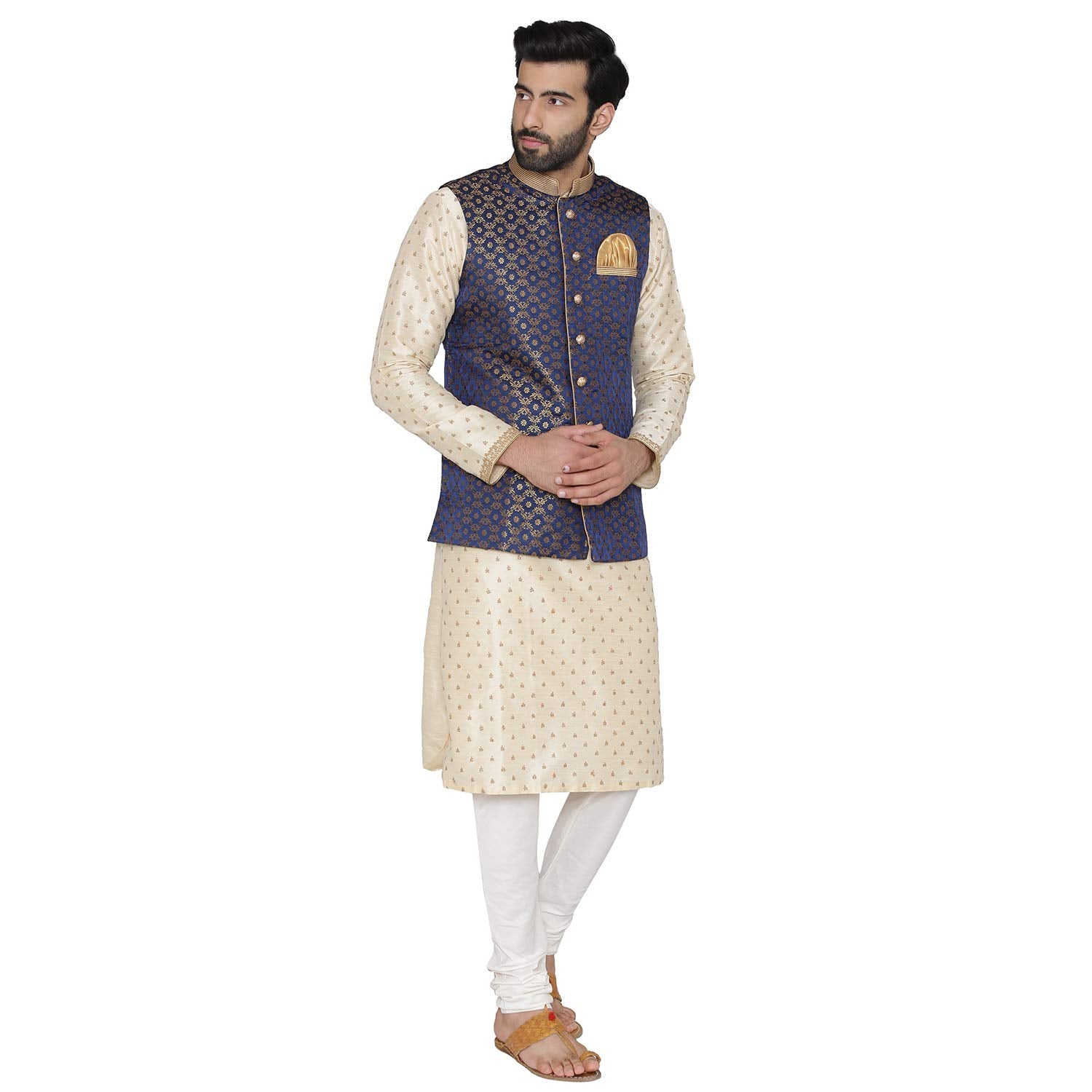 Manyavar MenS Art Silk Jacket (Jac121_Blue_Large)