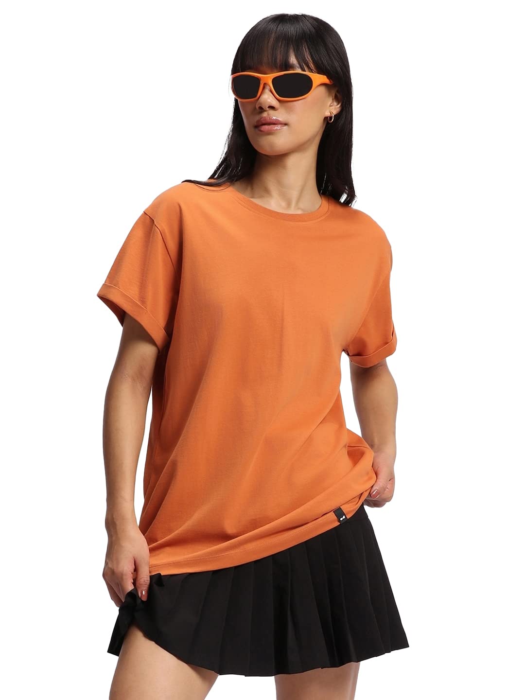 Bewakoof Women Cotton Loose Fit Solid T-Shirt Boyfriend Fit, Round Neck, Half Sleeve_581051_Orange_M