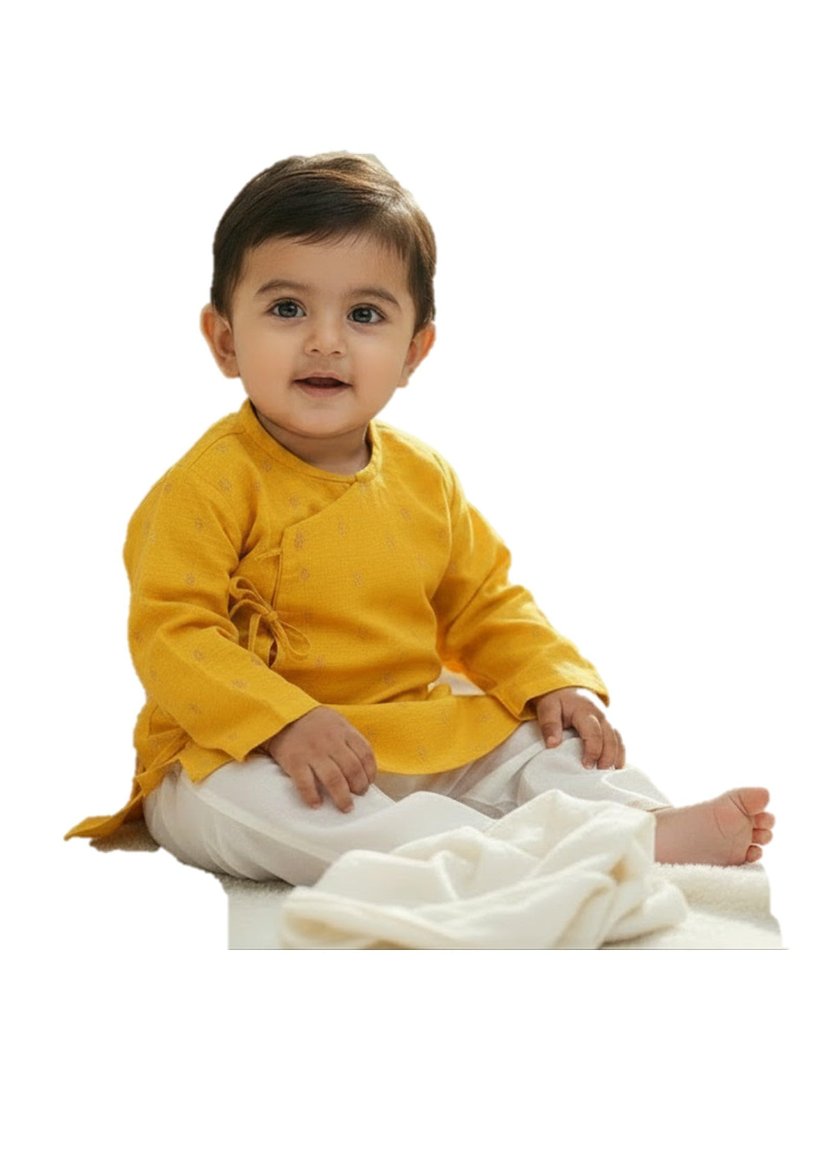 The Root & Craft Baby Boy Cotton silk blendKurta Pyjama Set, Yellow and White, Angrakha Style with Gold Embroidery, (012 Months 0-3