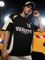 The Souled Store Colourblock T-Shirt: Varsity League Men and Boys Short Sleeves Round Neck Black Graphic Printed Cotton Oversize