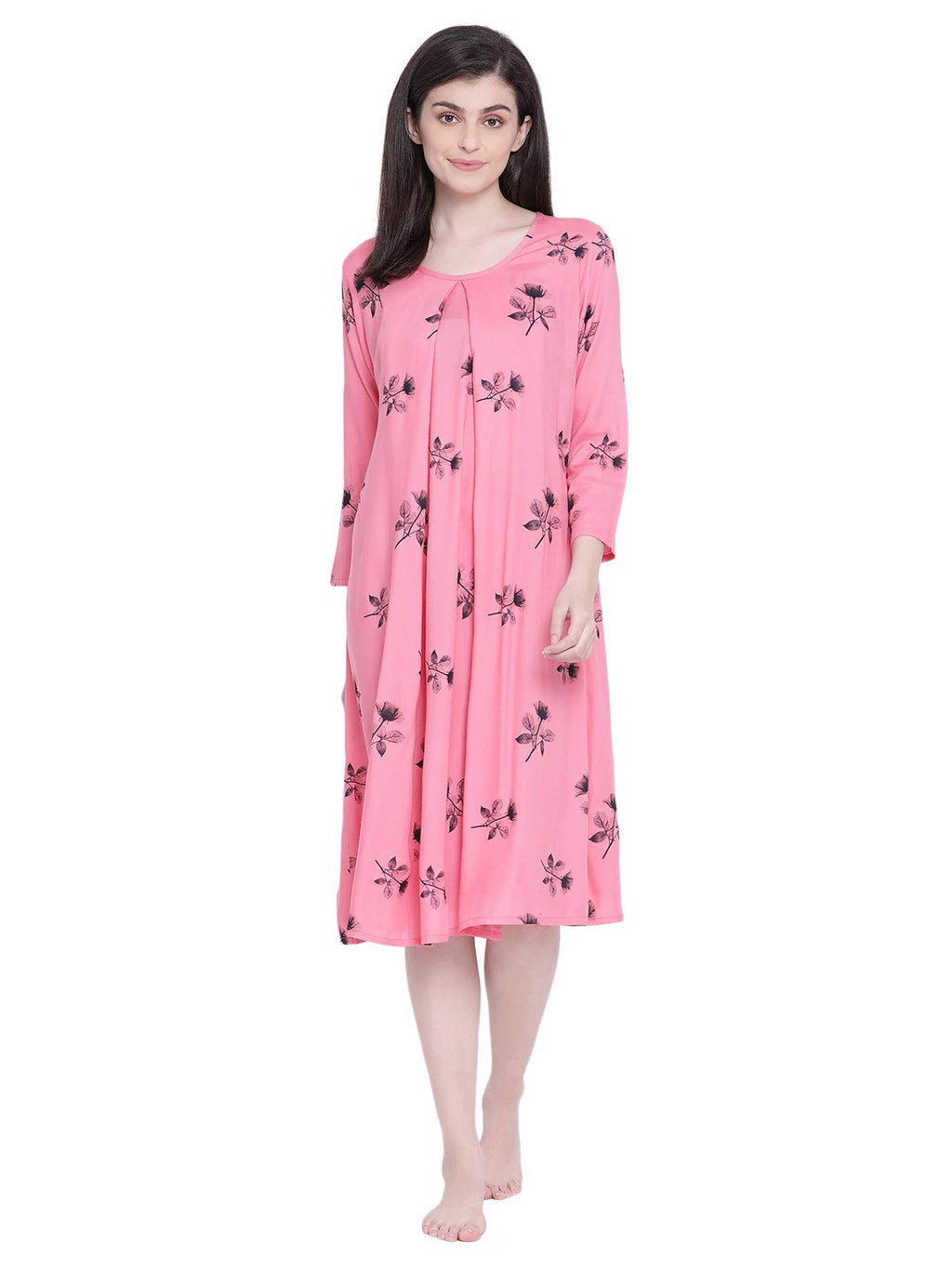 Clovia Womens Rayon Leaf Print Maternity Feeding Short Night Dress (NS1347P14_Pink_M)