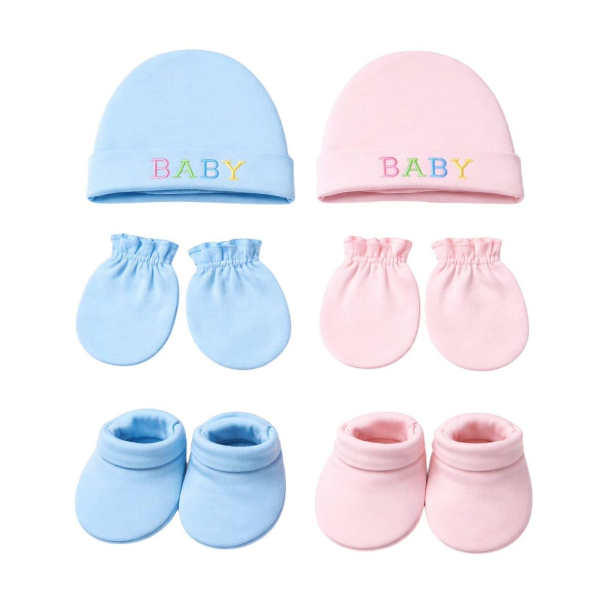 Newborn Baby Cotton Cap, Mitten And Booties Combo Set, Casual Style (L Blue & L Pink) 0-3